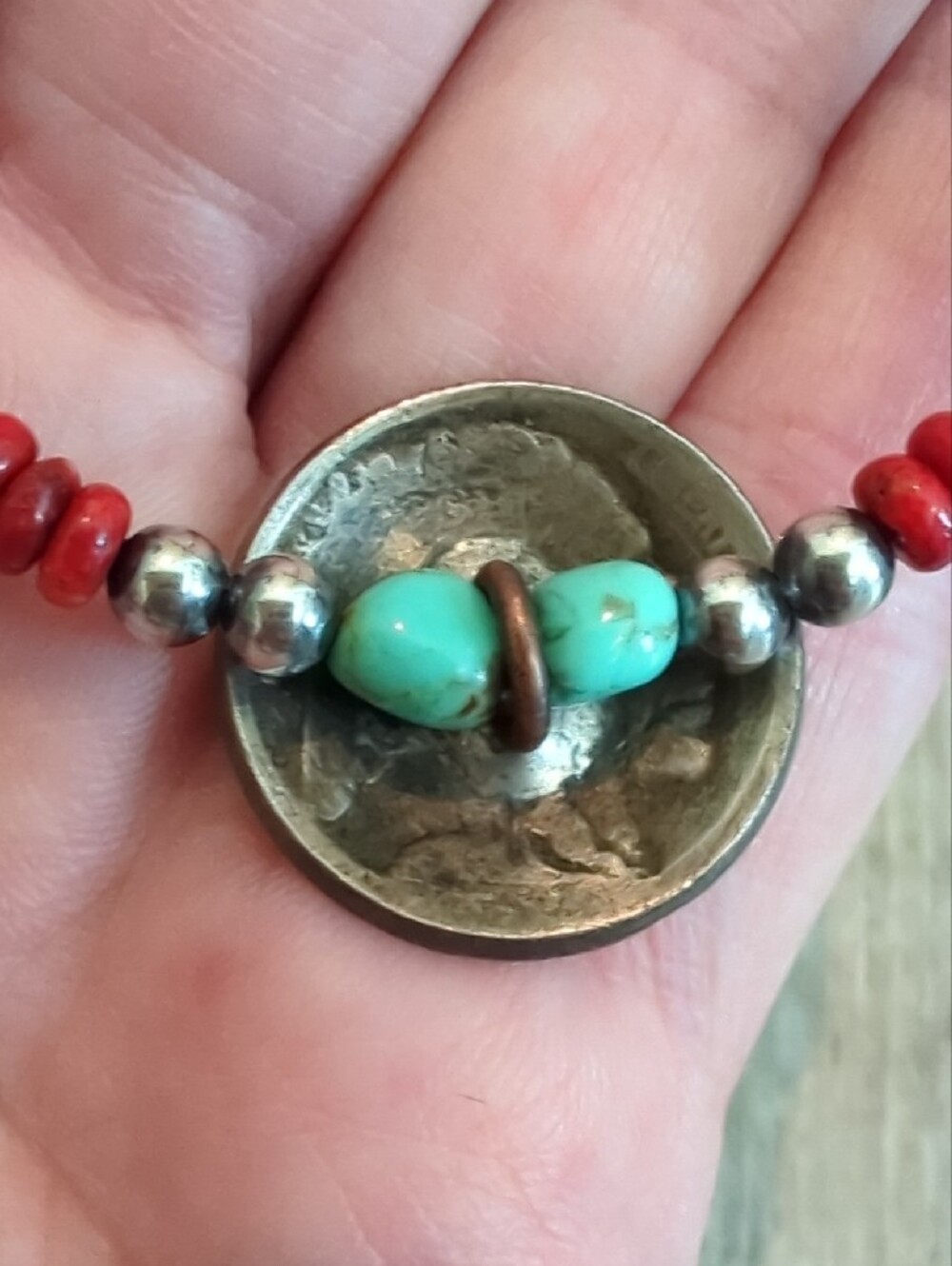 Navajo Handmade Buffalo Nickel Sterling Apple Coral Ghost Bead Bracelet - Picture 8 of 11